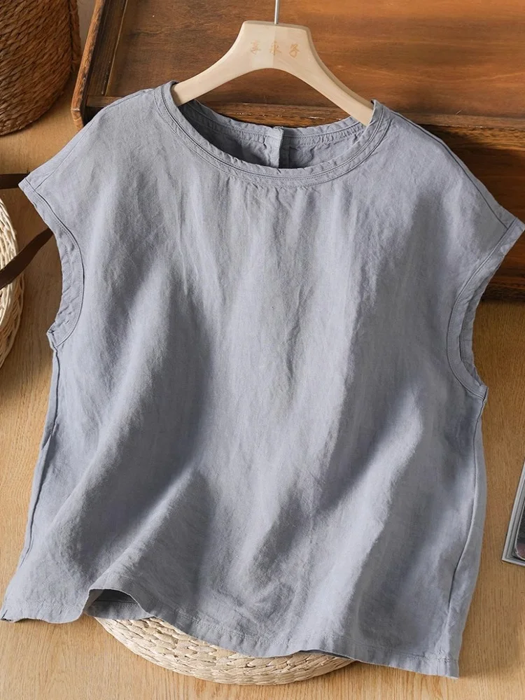 เสื้อผ้าผู้หญิงสีพื้นผ้าลินินหรือผ้าฝ้าย สไตล์วินเทจ ทรงกลม คอโอเวอร์เฮด ทรงหลวมบางเบา เหมาะสำหรับฤดูร้อน