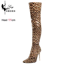 Leopard Print Long Elastic Women Boots Nightclub Over-the-Knee Stripper Heels Boots Winter Plus Plush Pointed Toe Ladies Shoes