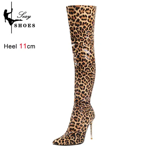 Leopard Print Long Elastic Women Boots Nightclub Over-the-Knee Stripper Heels Boots Winter Plus Plush Pointed Toe Ladies Shoes