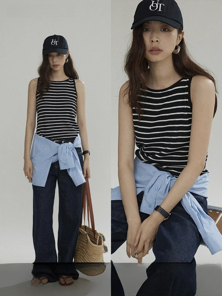 

Женский вязаный шерстяной жилет Joli: полосатый, с круглым вырезом, летний, универсальный, для повседневной носки, простой, из качественного материала