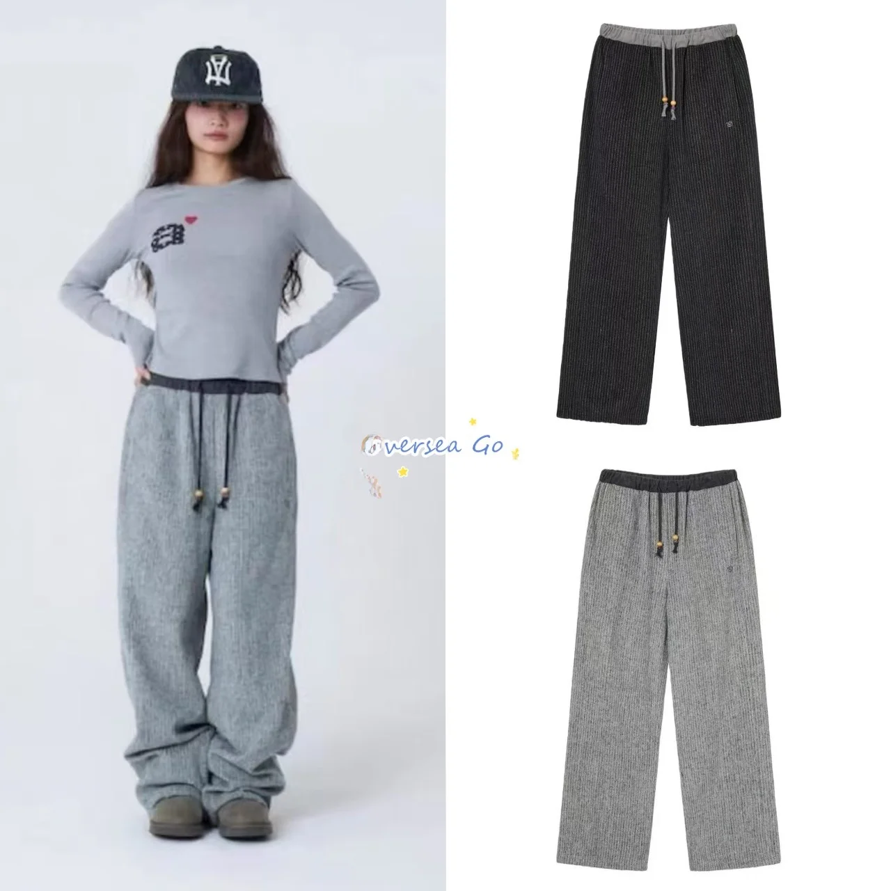 

Cute Angel Wing Back Printed Loose Casual Pants High Waist Drawstring Straight Leg Trousers Warm Cotton Comfortable Women's J...