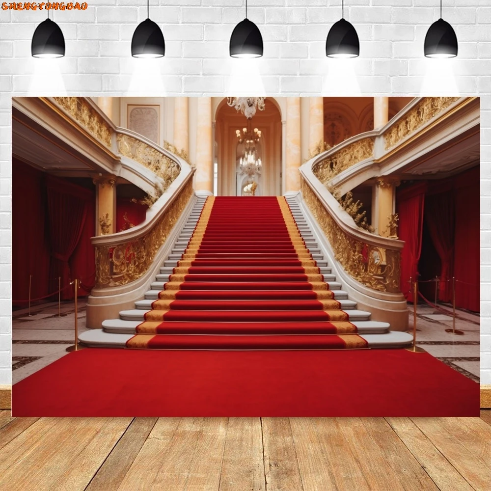 Toile de fond de photographie d'escalier de palais de luxe, tapis rouge, château vintage, scène d'église, mariage, décor de fête d'anniversaire, arrière-plan photo