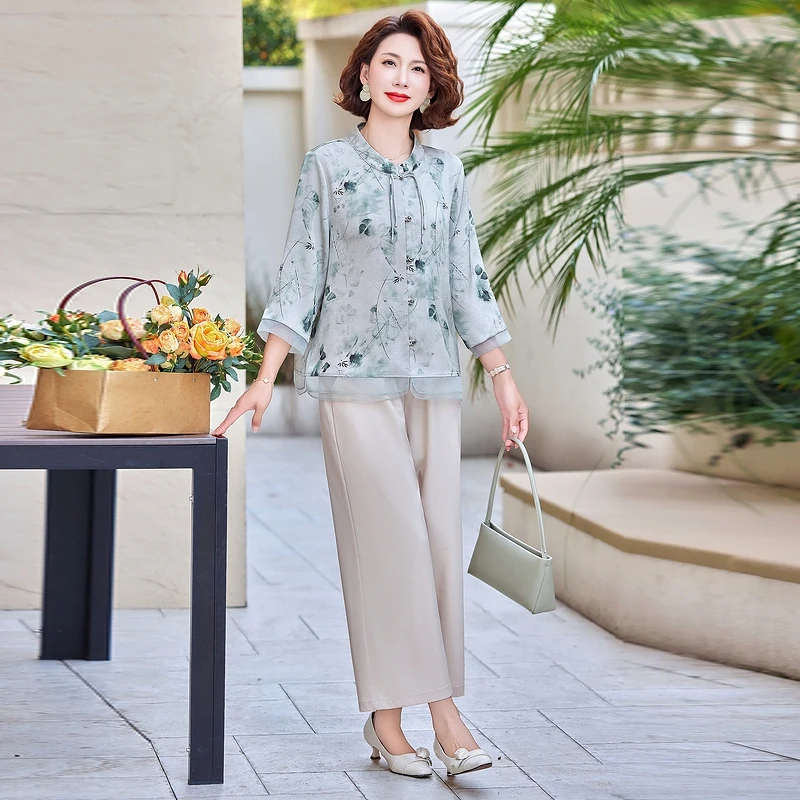 new-chinese-sle-summer-outfit-set-for-middle-aged-mothers-faionable-chiffon-top-and-pants-loose-fit-round-ne-single-button