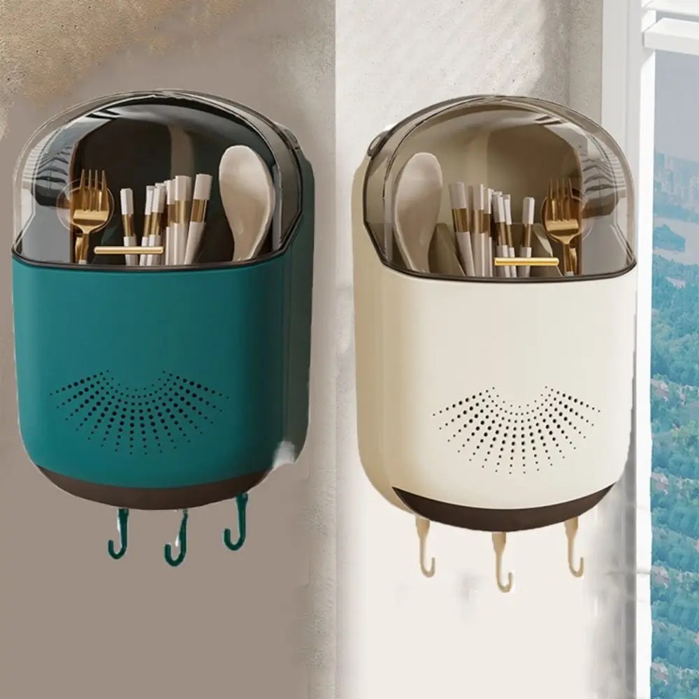 

Wall Mounted Cutlery Storage Box Dustproof Plastic Tableware Storage Holder Large Capacity with Lid Chopstick Drain Racks