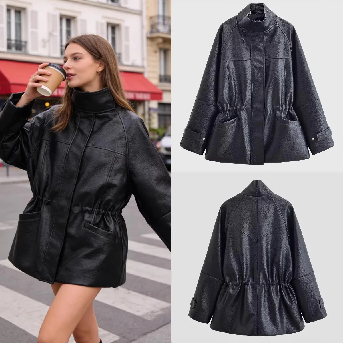 2026 Winter New Women's Retro Casual Fashion Simple Versatile Loose Adjustable Waist Stand Collar CX Leather Jacket
