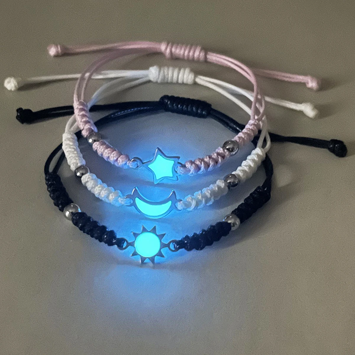 3 قطع/مجموعة من إكسسوارات الكرة الفولاذية المقاومة للصدأ المضيئة للشمس والقمر والنجوم، حبل عصري منسوج يدويًا