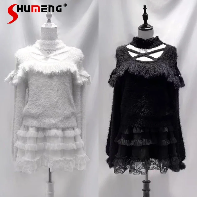 

Kawaii Clothes Sweet Sweaters Mine Series Mass-produced Subculture Neck Ruffle Edge Strap Top Knitwear Pullovers Women's Clothes