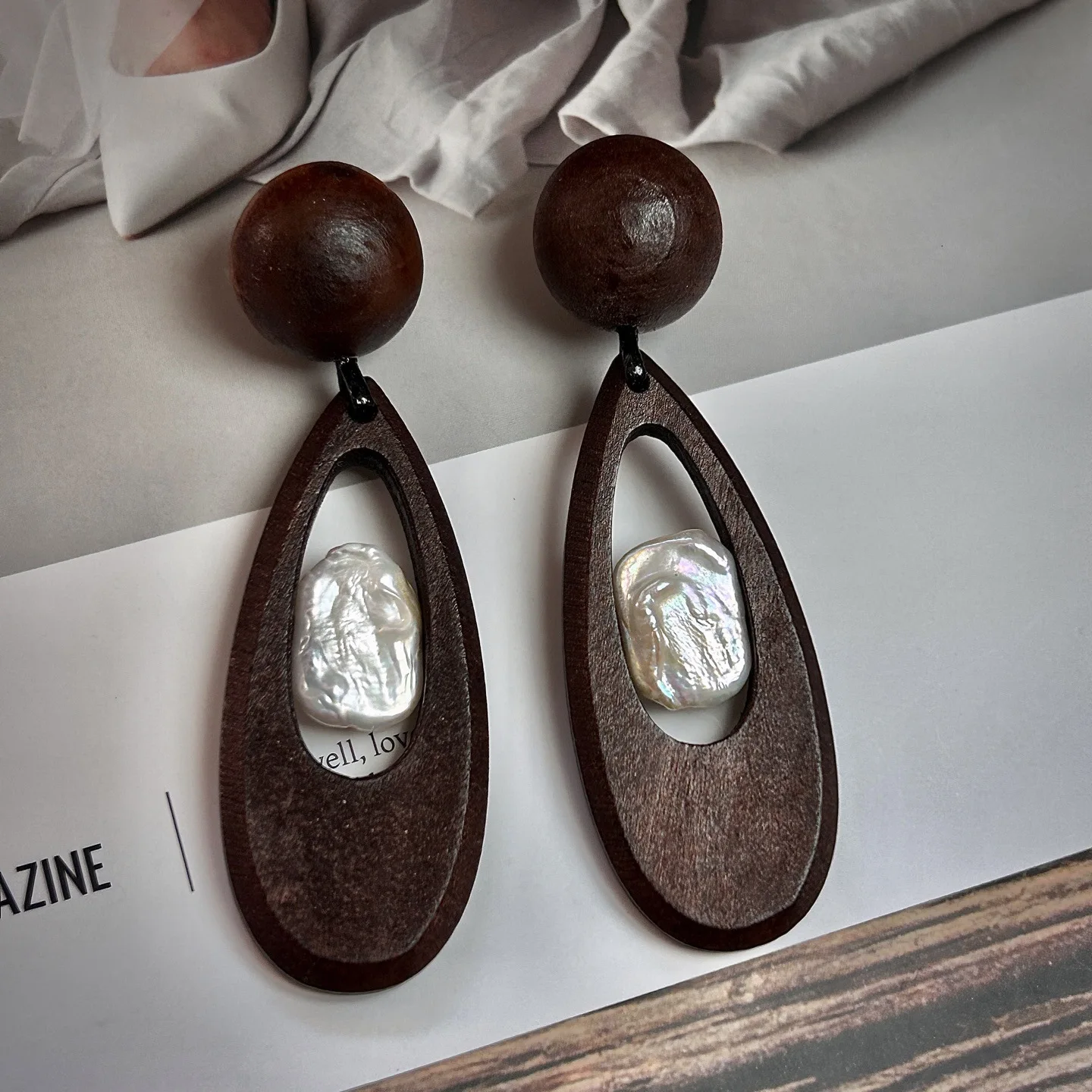 Medieval Monies style wooden handmade earrings, natural baroque retro exaggerated personality earrings 925 silver needles