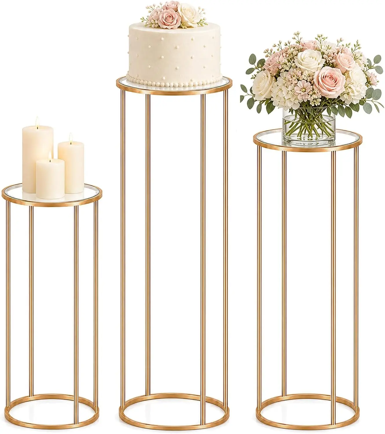 Gold Metal Cylinder Pedestal Stands, 3 PCS Heavy Duty Round Display Cake Stand Tables for Party, Wedding, Birthday, Baby Shower, Dessert Table and Backdrop Decorations