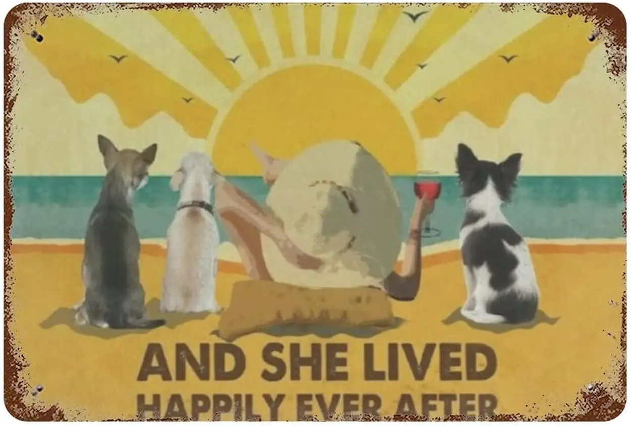 Vintage Girl and Dog Metal Tin Sign And She Lives Happily Ever After retro Poster Plaque Wall Decor for Home Kitchen Bedroo sign
