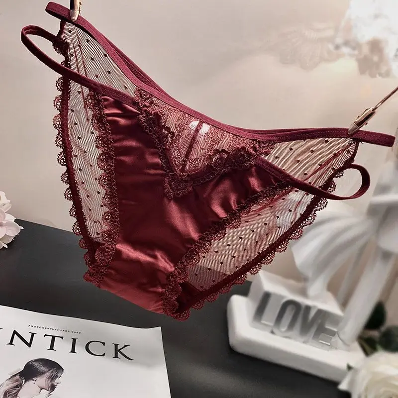 Sexy Lace Underwear Female Strap Hollow Out Embroidery Panties Summer Low Waist Briefs Transparent Satin Mesh Triangle Pants