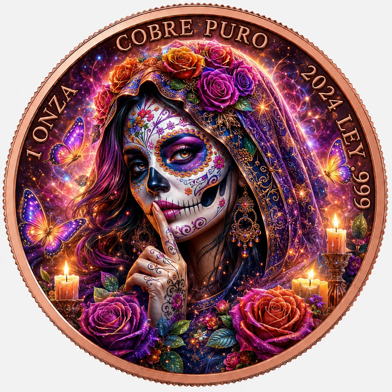 1 Oz Pure Copper Coin Day of the Dead Red Rose Catrina Lady 999 Fine Copper Commemorative Medal