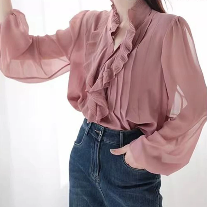 Camisa de babados vintage feminina, doce cor sólida, blusa elegante com botões, tops casuais com tudo que combina, moda primavera e outono