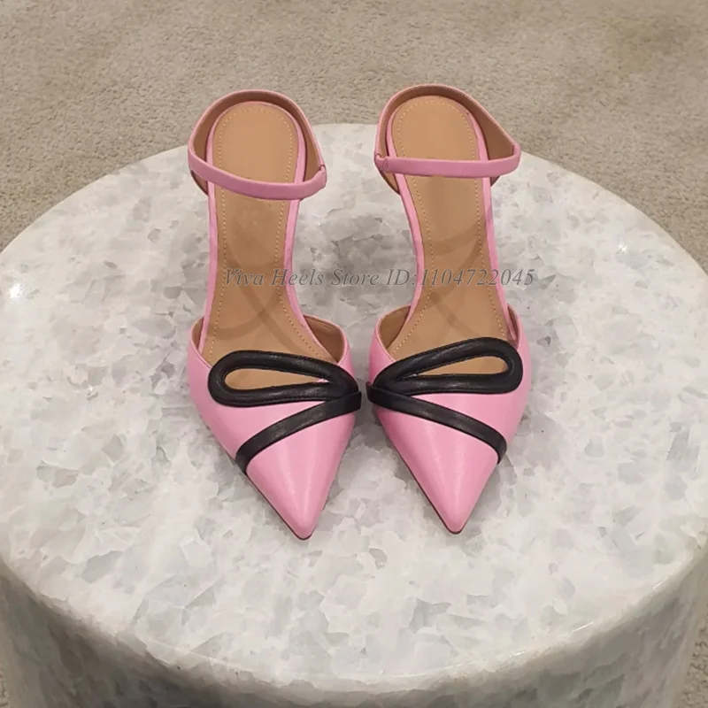 

Pointed Toe Leather Pink/Black/White Mules Women's Elegant High Heels Sandals Summer New in Luxury Designer Party Shoes