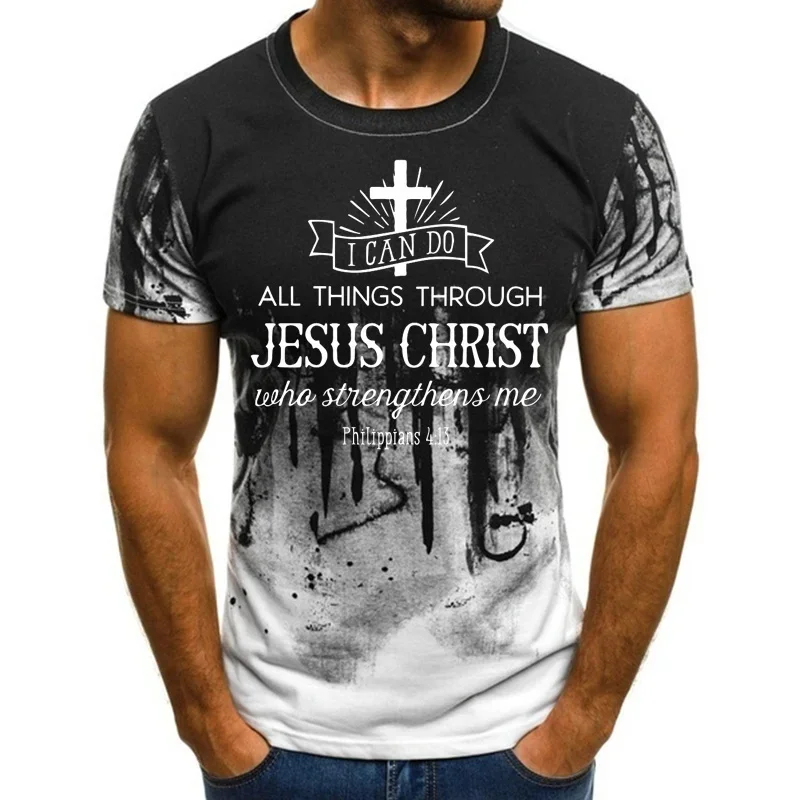 

Fashion 3D Gradient Jesus Cross Print T Shirt For Men Christianity God Pattern Oversized T-shirt Casual O-neck Short Sleeve Tops