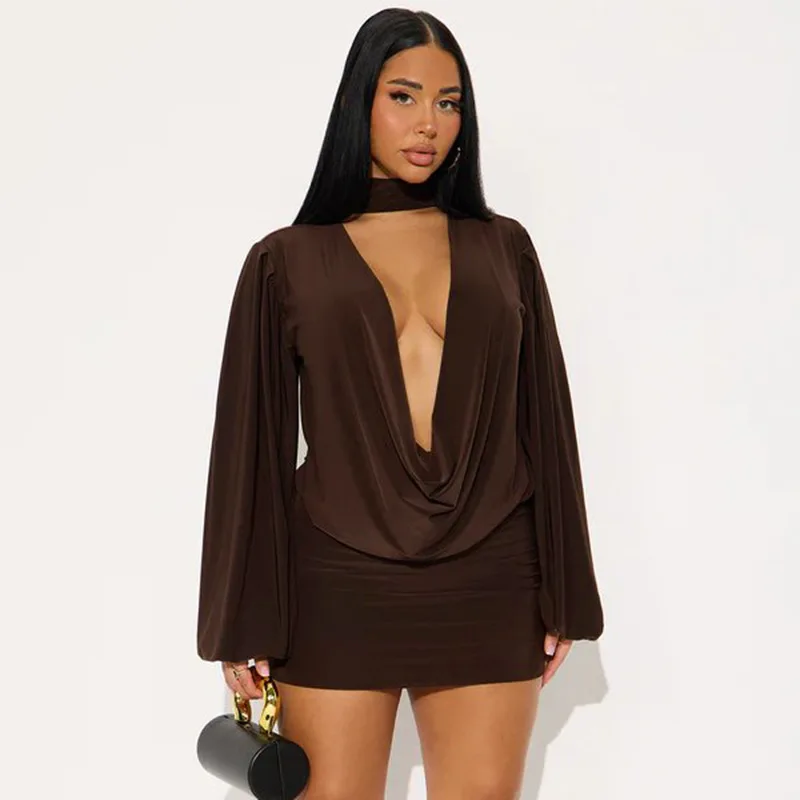 

Модный комплект из 2 предметов, сексуальный распашной воротник, Холтер, открытая спина, фонарь, блузки с длинными рукавами, топ + облегающие мини-юбки, женские однотонные костюмы