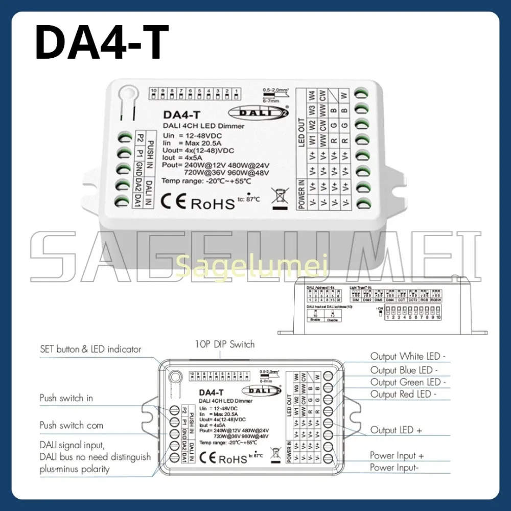 Skydance 4CH*5A 12-48VDC DALI Dimmer DA4-T Constant Voltage Push Switch Dimmer for Single Color CCT RGB RGBW Dimmable LED Light