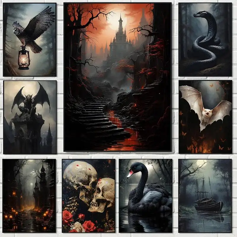 

Dark Academy Victorian Gothic Poster Wind Moon Raven Skeleton Castle Bat Retro Canvas Wall Art for Home Decor