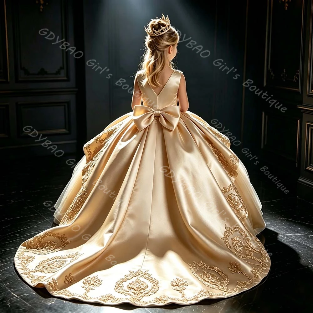 Elegant Ball Gown Flower Girl Dresses for Wedding 2-14 Kids Gold Appliqued Tiered Satin Princess Pageant Dress With Train Custom