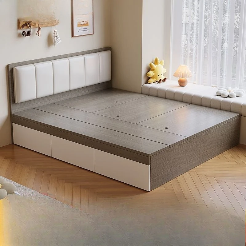 سرير تاتامي من الخشب الصلب، سرير مزدوج للتخزين عالي الصندوق، بساطة حديثة، تخزين، شقة صغيرة