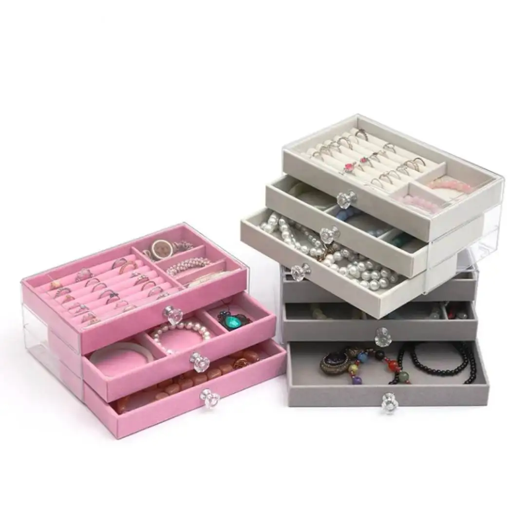 Samt-Acryl-Schmuck-Organizer mit 3 Schubladen, stapelbar, zur Aufbewahrung von Ohrringen, Halsketten, Armbändern, Box-Halter-Etui für Frauen