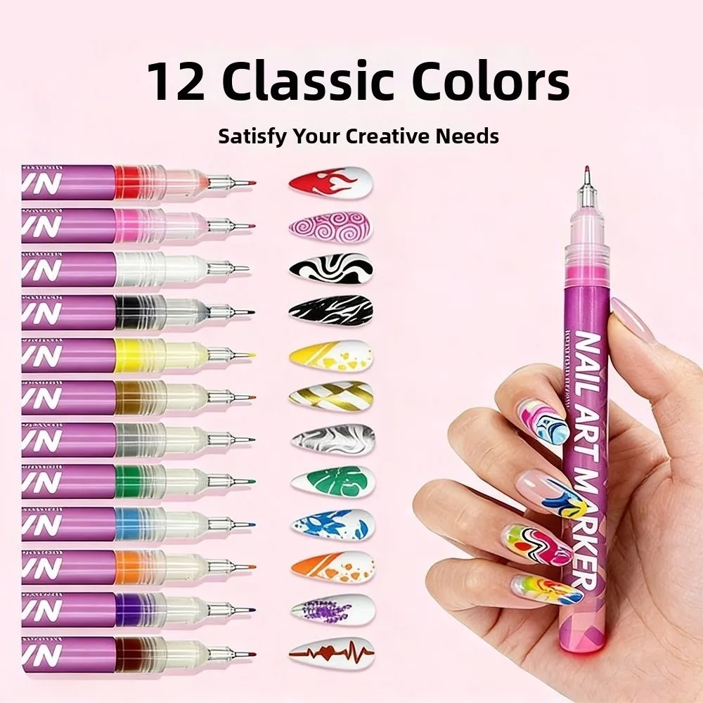 12 Colors Nail Art Graffiti Pens 0.5mm Quick Drying Nail Marker Drawing Waterproof Acrylic Paint Nail Acrylic Graffiti Pen