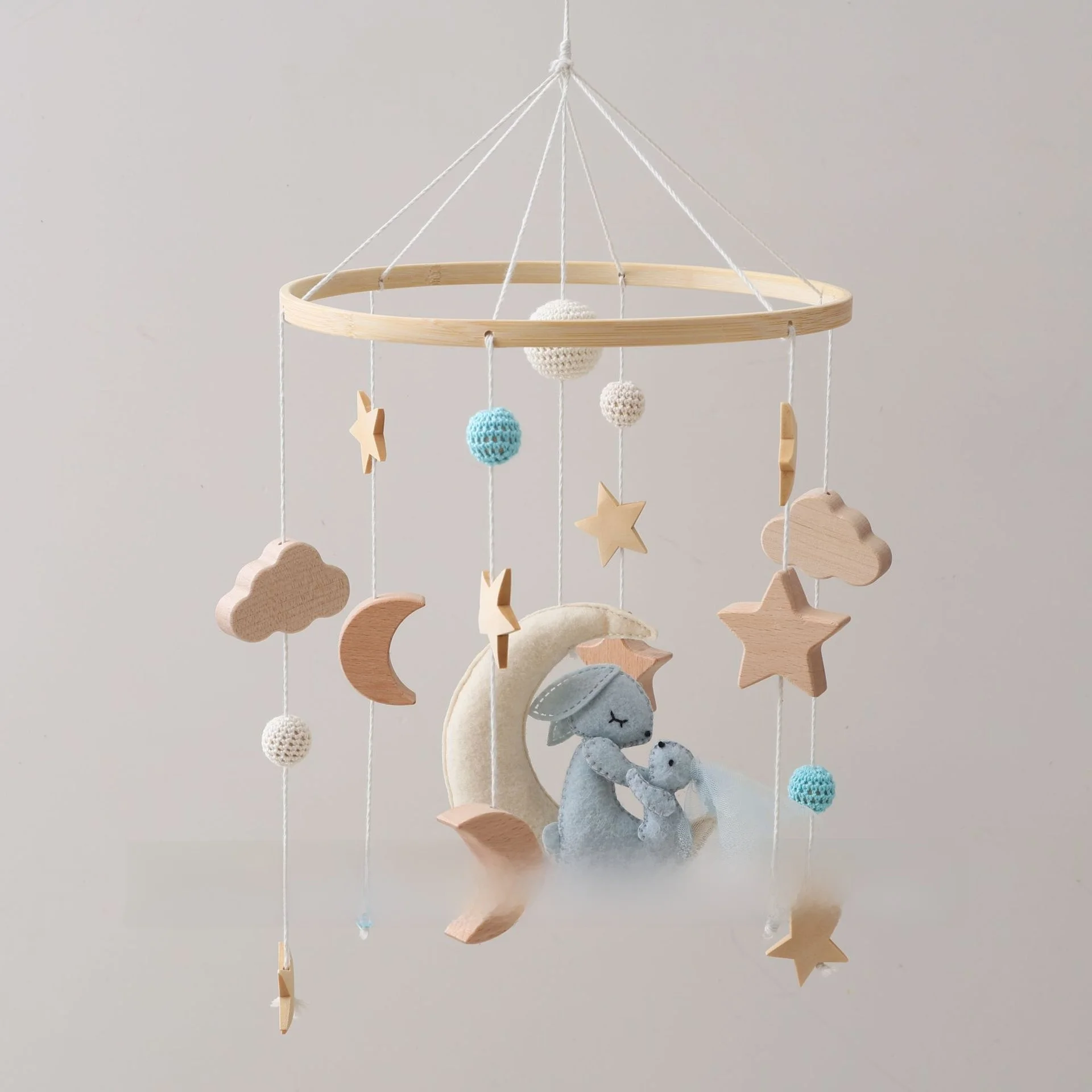 Móbile de Berço Artesanal de Madeira Estilo Nórdico com Coelho e Lua para Quarto de Bebê, Brinquedo Infantil, Criador de Sons
