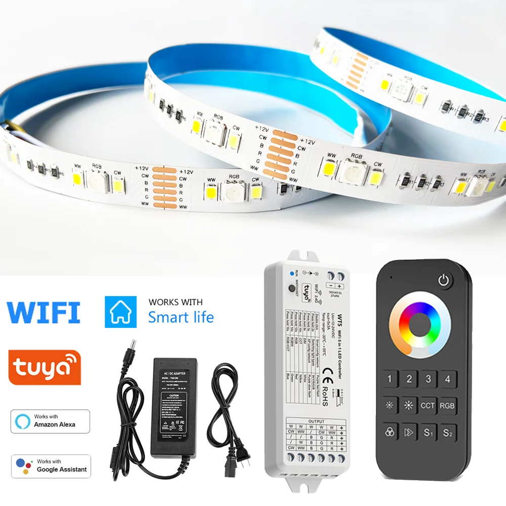 fita led tuya wifi rgb mais cct 5050 luzes de decoracao flexiveis regulaveis 24g controle remoto rgbcw fits alexa e google 12v 5m 10m 8m 12m 01