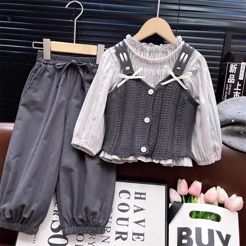 2024 Spring and Autumn New Children Solid Color Three-piece Set of Girls Fashion Suit Baby Girl Casual Good-looking Top