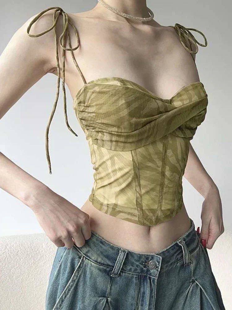 

Y2k Эстетическая сексуальная бандажная майка для женщин без рукавов с принтом тай-дай, плиссированные майки в стиле Харадзюку, облегающие укороченные майки в стиле гранж