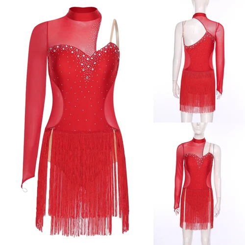 Imagen 2 del producto Vestido de baile de Tango latino para mujer, vestido de malla transparente con retazos de diamantes de imitación brillantes y flecos para actuación de Samba latina, Ropa de baile