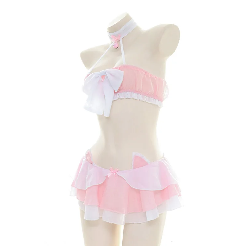 Lolita Girl Anime Cosplay Small Bell Swimsuit Bodysuit Pink Bikini Costume Cute Sweet Cat Ears Ruffles Skirt Lingerie Set