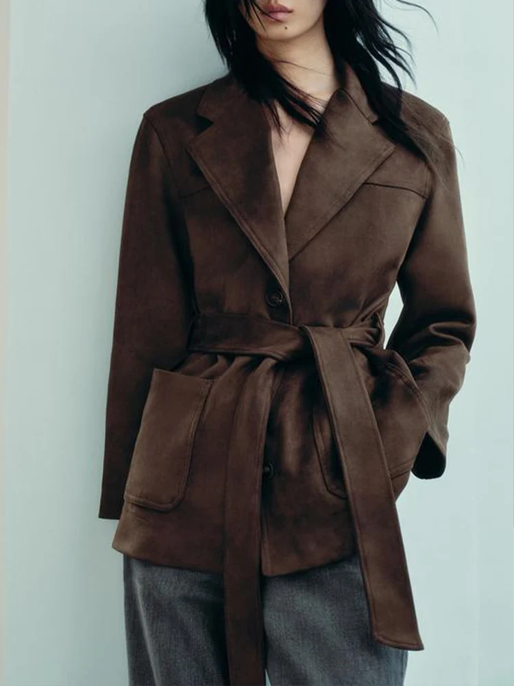 

Новая женская мода в европейском стиле, универсальный темпераментный замшевый эффект с поясом, однобортная куртка