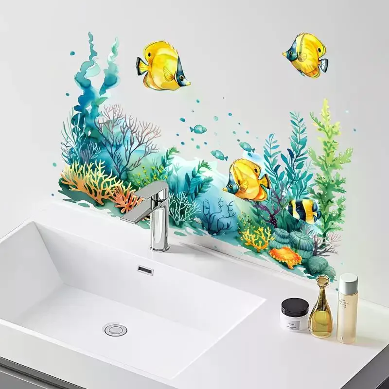 Wall Sticker Ocean Fish Sink Area Background Bathroom Decoration Self-Adhesive Removable Waterproof Creative No Peel