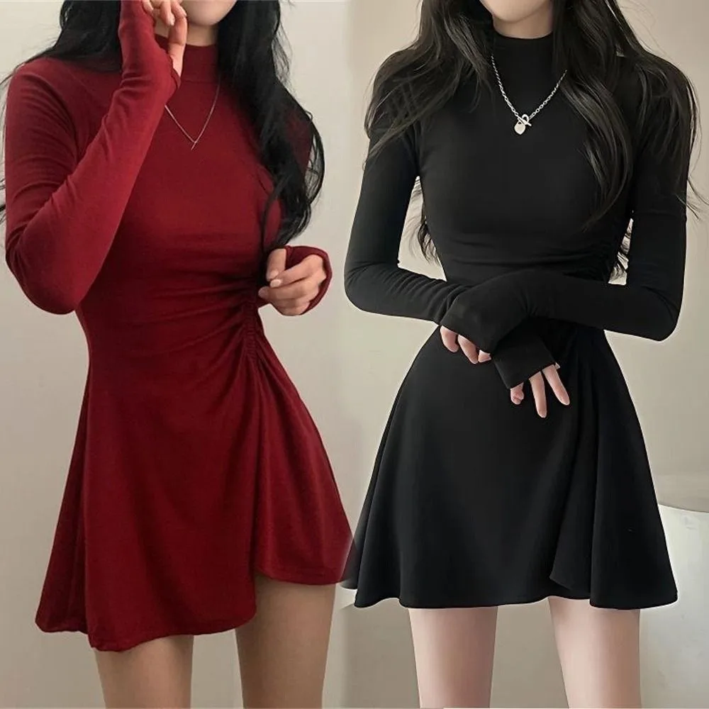 Long Sleeved Christmas Red Dress Short Skirt Pleated Girls Irregular Dress A-line Half High Collar Slim Thin Dress Ladies/Girl