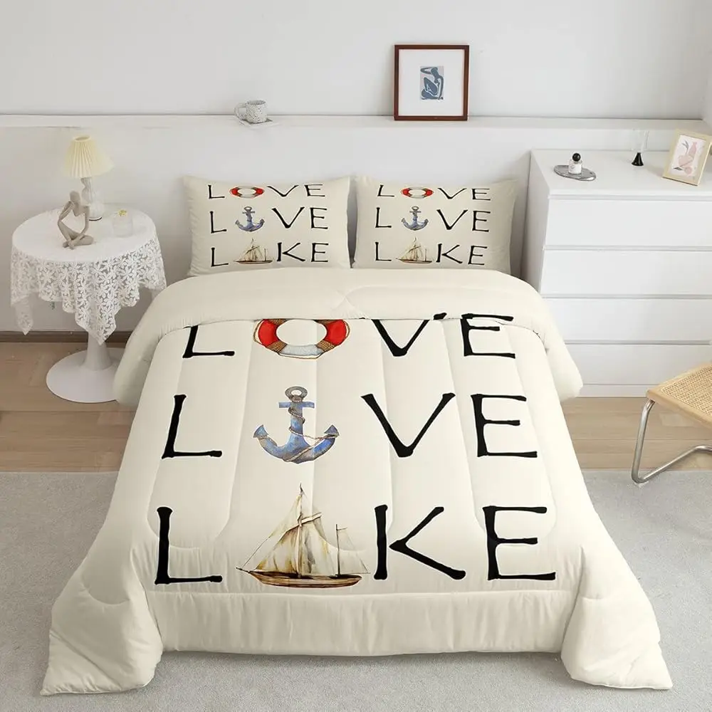 

Lake House Comforter Set Queen Size, Nautical Anchor Bedding Set For Kids Boys Teens Adult, Retro Sailboat Quilt Lakehouse