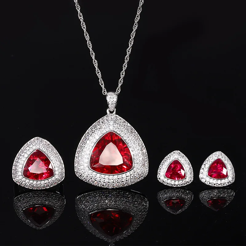 

Triangle Red-Orange Blue Purple Pink Cubic Zircon Pendant Necklace Adjustable Ring Stud Earrings 3 Pieces Jewelry Set