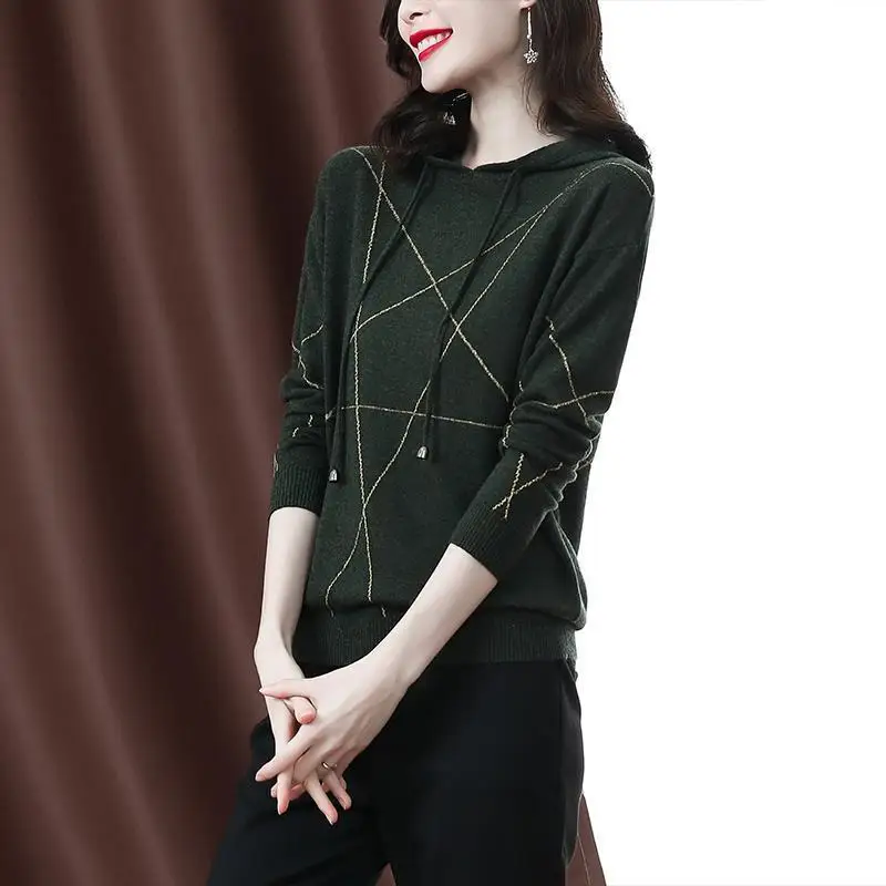 Women\'s Pullover Knitted 2023 Spring Autumn Long Sleeve Solid Color Striped Hooded Collar Drawstring Loose Sweater Korean Tops