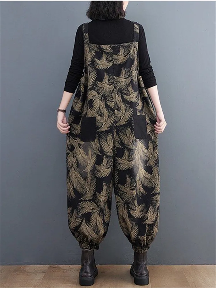 2025 Spring Autumn Womens Leisure Overalls Loose Vintage Classic Oversized Denim Pants Printed Ladies Wide Floral Harajuku Jeans