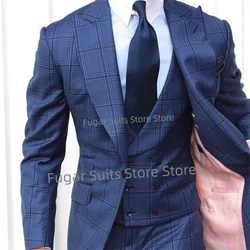 Business Navy Blue Plaid Wedding Suits For Men Slim Fit Peak Lapel Groom Tuxedos 3 Pieces Sets Elegant Male Blazer Costume Homme