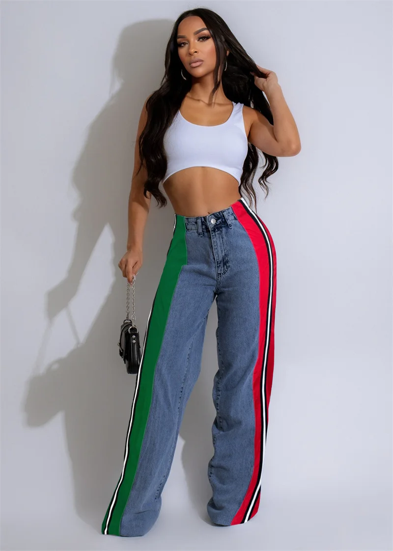 Nieuwe 2025 Vrouwen Hoge Taille Casual Streep Lange Denim Broek Mode Patchwork Losse Wijde Pijpen Broek Streetwear Party Jeans Broek