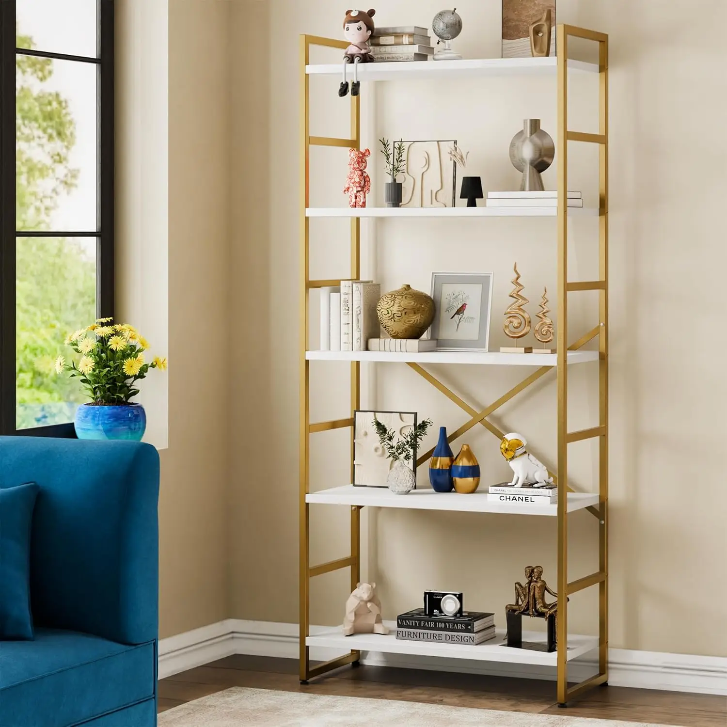 5 Tiers Bookshelf, Tall Wooden Bookcase with Metal Frame, Modern Book Rack, Free Standing Books Holder Organizer,