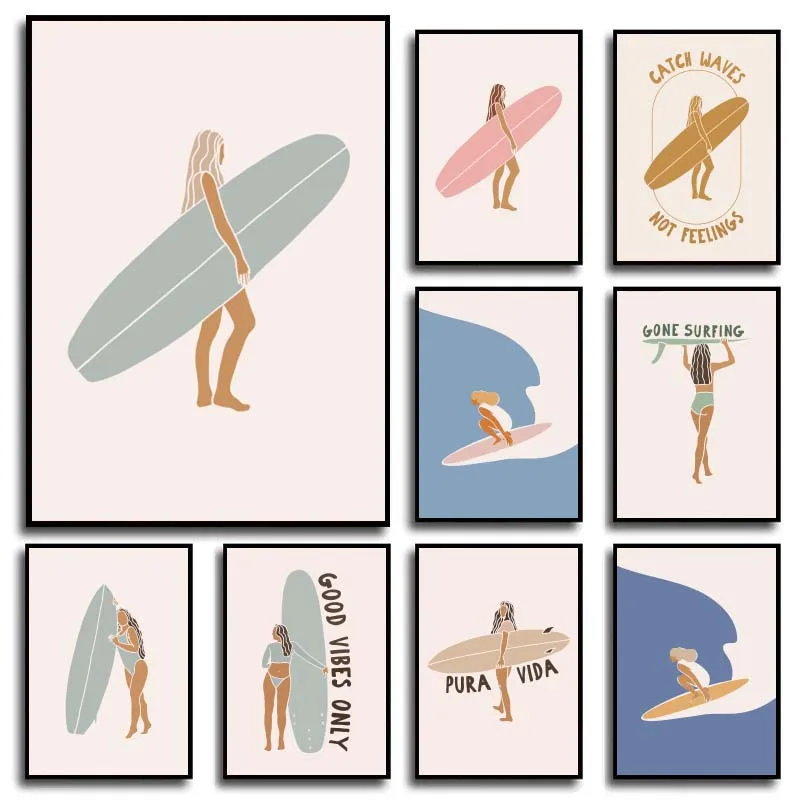 （2D Canvas painting） Beach Sea View Surfer Surfing Print Posters Woman Surfboard Sport Canvas Painting Coastal Wall Art Pictu