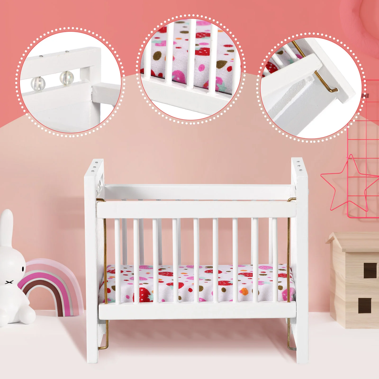 Miniature Furniture House Crib Baby Bassinet Adornment Model Toy White Birch Dollhouses