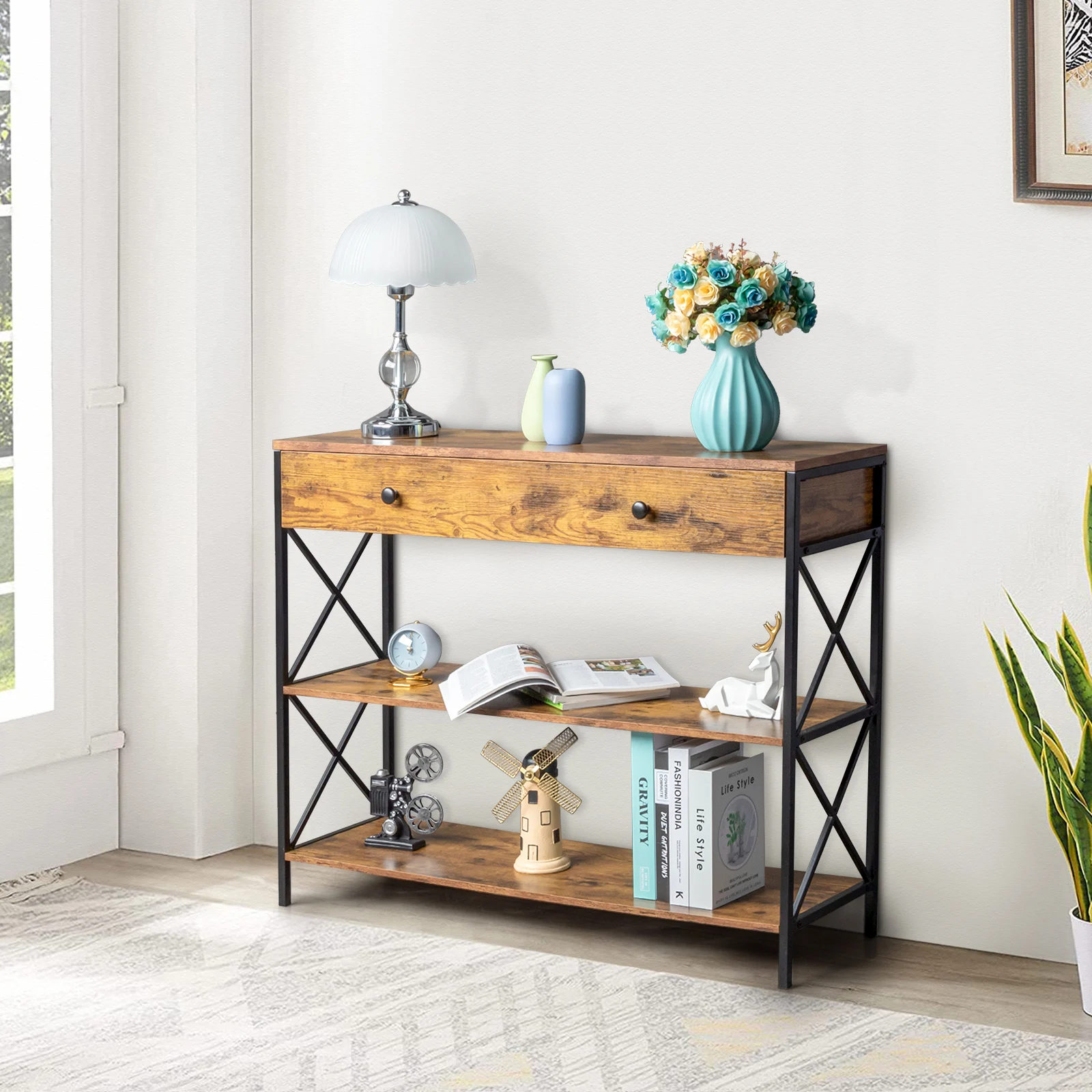 3 Tier Console Table for Entryway with Drawer and 2 Open Storage, Industrial Sofa Table with Storage