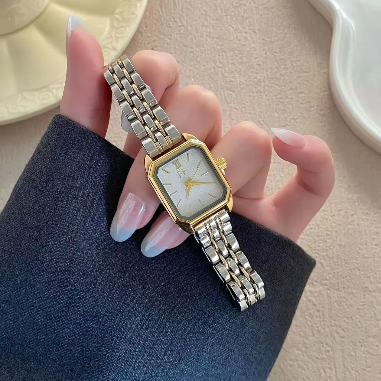 Women Square Quartz Watch Two Tone Gold Silver Metal Bracelet Strap Elegant Ladies Dress Wristwatch Gift-00593