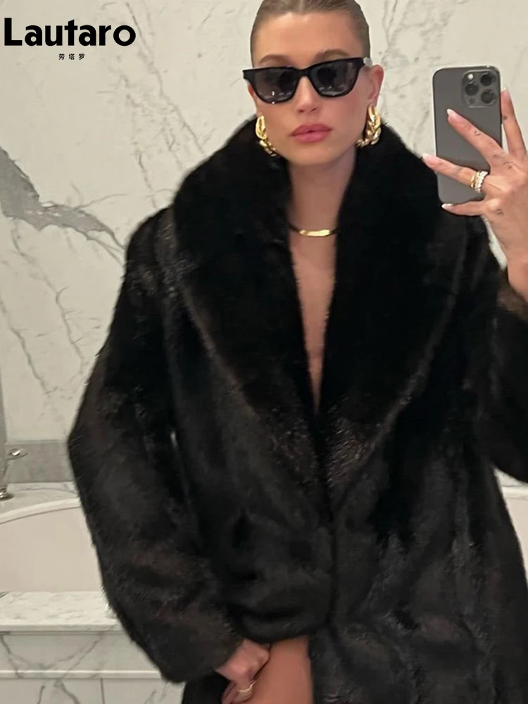 Lautaro Winter Extra Long Warm Thick Fluffy Faux Mink Fur Coat Women Shawl Collar Elegant Chic Loose Casual Furry Overcoat 2024