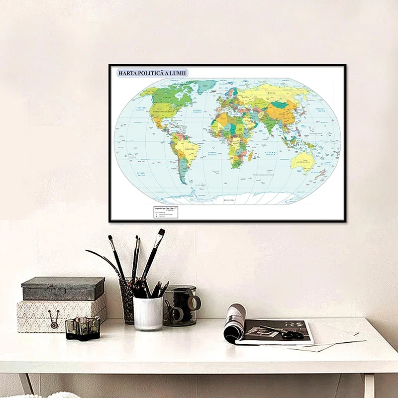 Mapa del mundo en lienzo de 84x59cm, pintura rumana, mapa mundial de distribución política, imagen para decoración de oficina y sala de estar