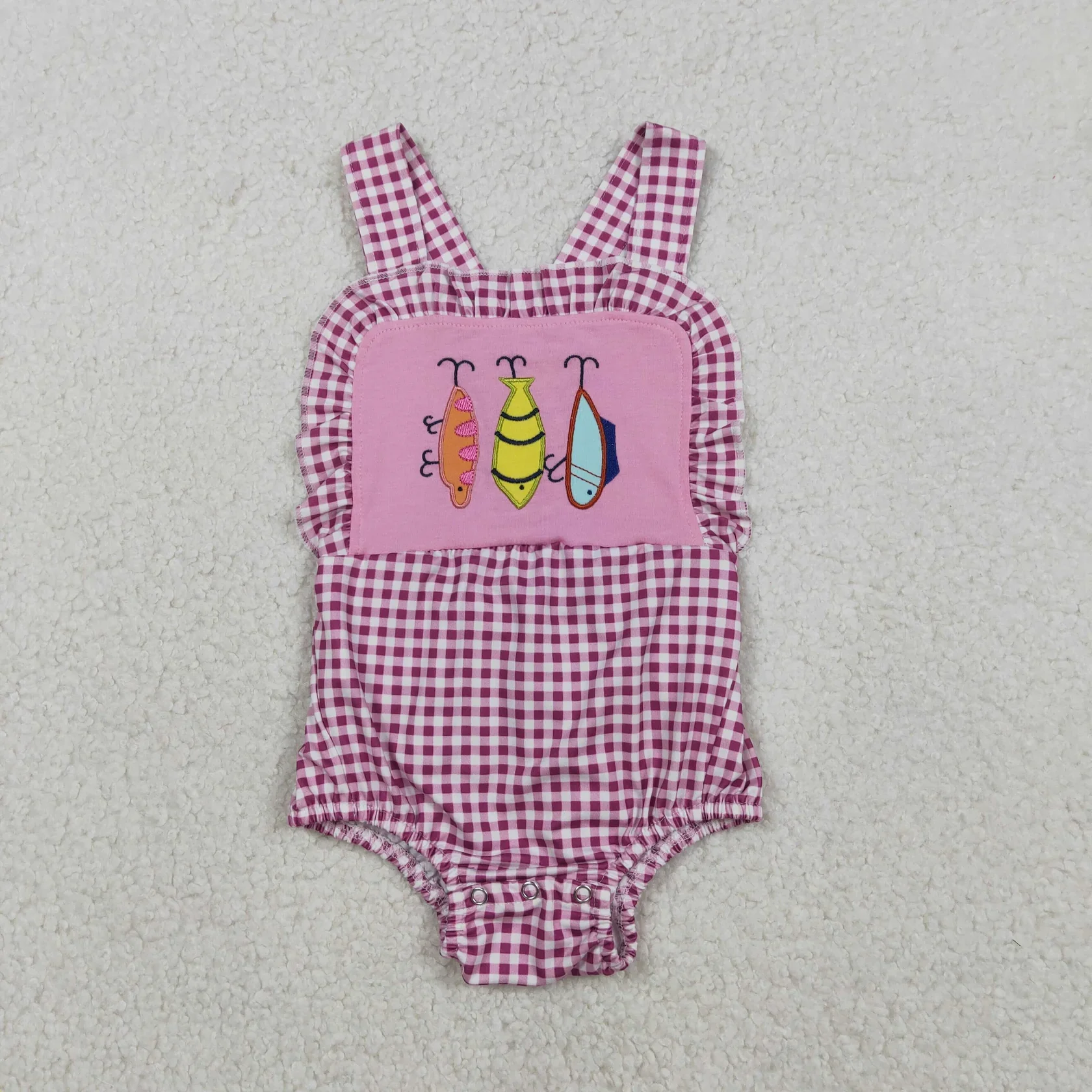 Wholesale Newborn Sleeveless Bubble Coverall Toddler Kids Embroidery Fish Romper Baby Girl Children Plaid Ruffle Clothing