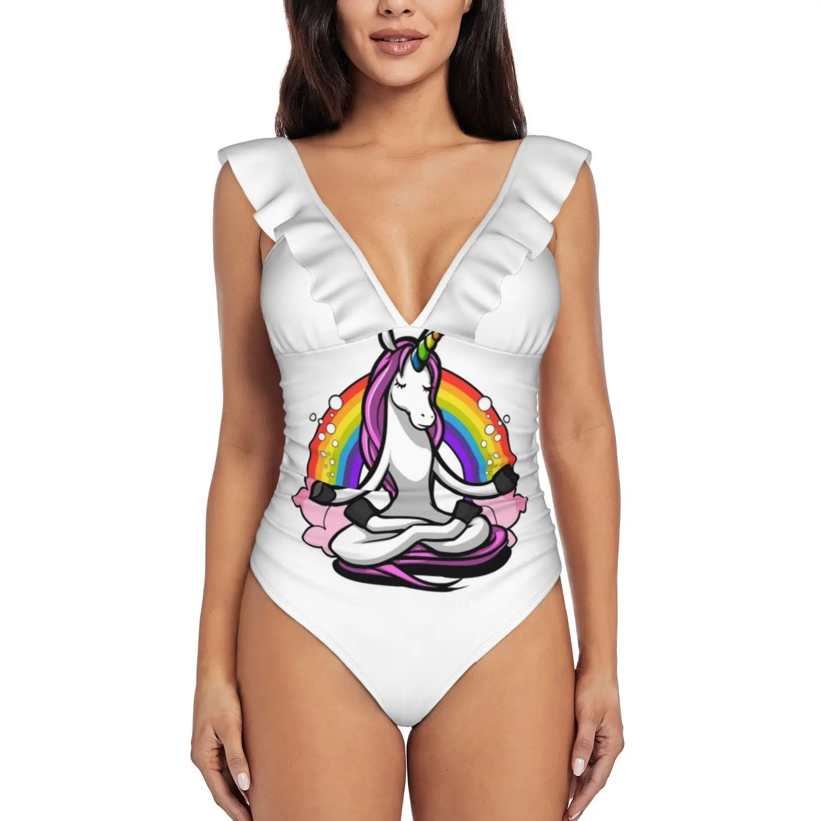 

Unicorn Zen Yoga New Print Swimwear Deep-V Ruffle Swimsuit One Piece Swimsuit Beach Wear Monokini Namaste Meditation Zen